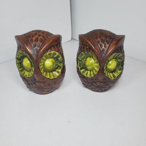 Vtg Treasure Craft Owl Salt & Pepper Shakers Green Eyed Brown Floral Owls